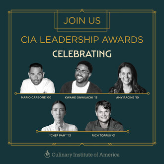 The 2026 CIA Leadership Award honorees: Mario Carbone, Kwame Onwuachi, Amy Racine, “Chef Pam” Pichaya Soontornyanakij, and Rich Torrisi.